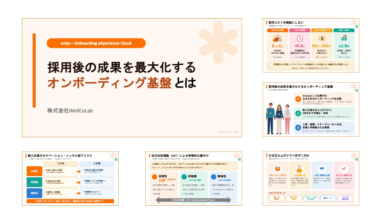 資料の表紙：採用後の成果を最大化するオンボーディング基盤とは